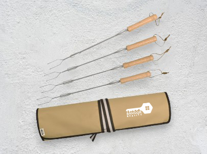 Custom imprinted Campfire Cooking Sticks for Bangor, ME with a local business logo